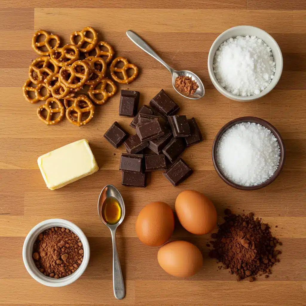 Pretzel Crusted Caramel Brownies ingredients on kitchen counter