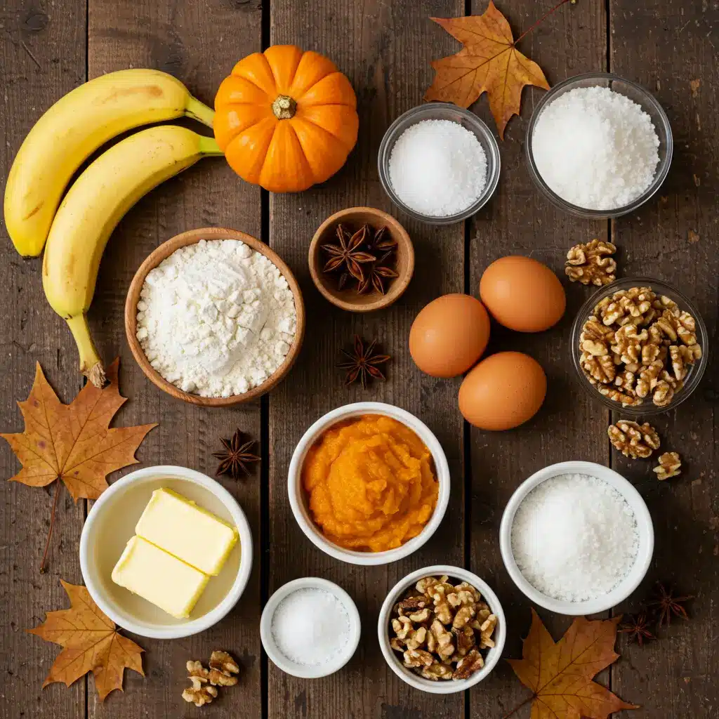 pumpkin banana bread ingredients on wooden table