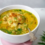 roasted cauliflower soup in rustic bowl