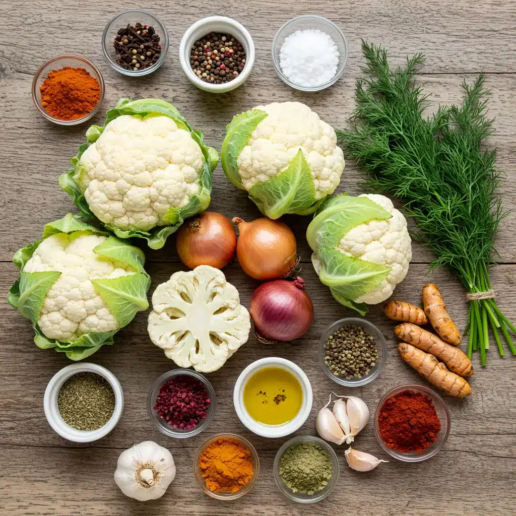 roasted cauliflower soup ingredients flat lay