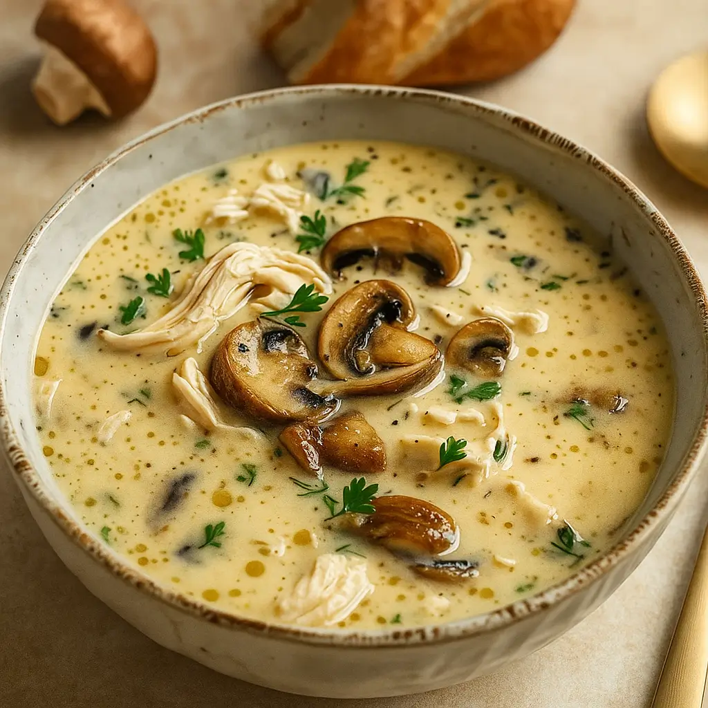 Rotisserie Chicken and Mushroom Soup in a rustic bowl