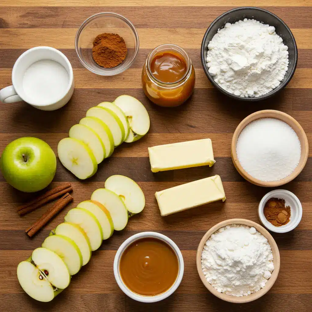 salted caramel apple crumble bars ingredients flat lay
