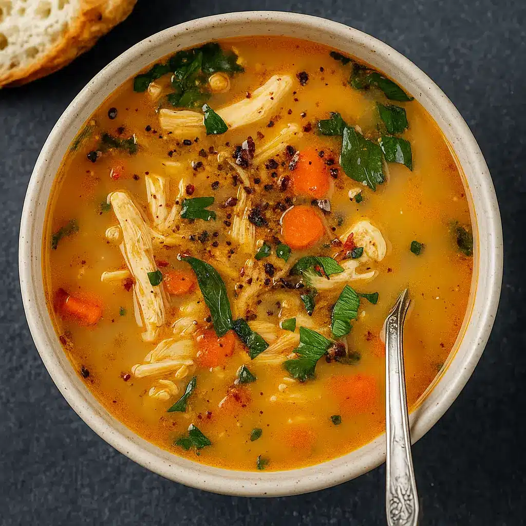 Simple Tuscan Soup in a rustic bowl with beans, spinach, and chicken