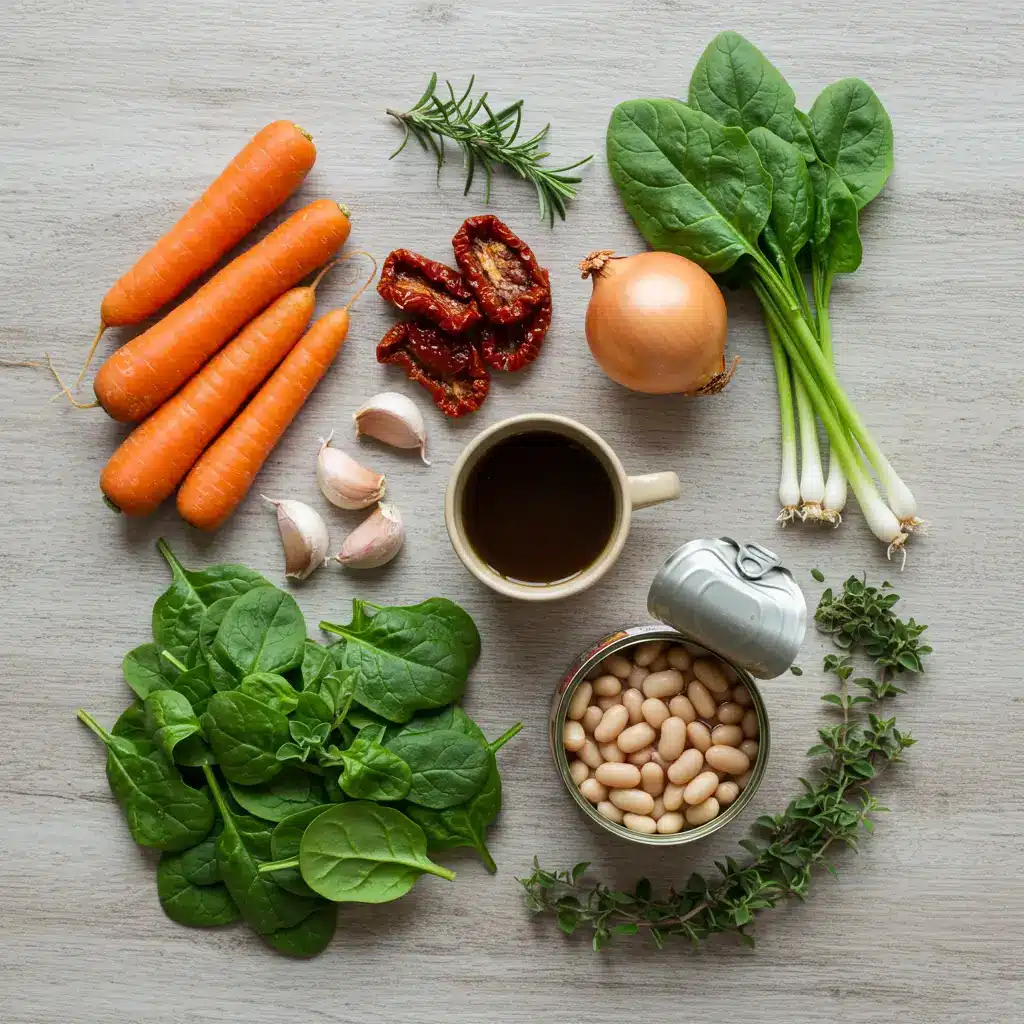 Ingredients for Simple Tuscan Soup laid out on a wooden table