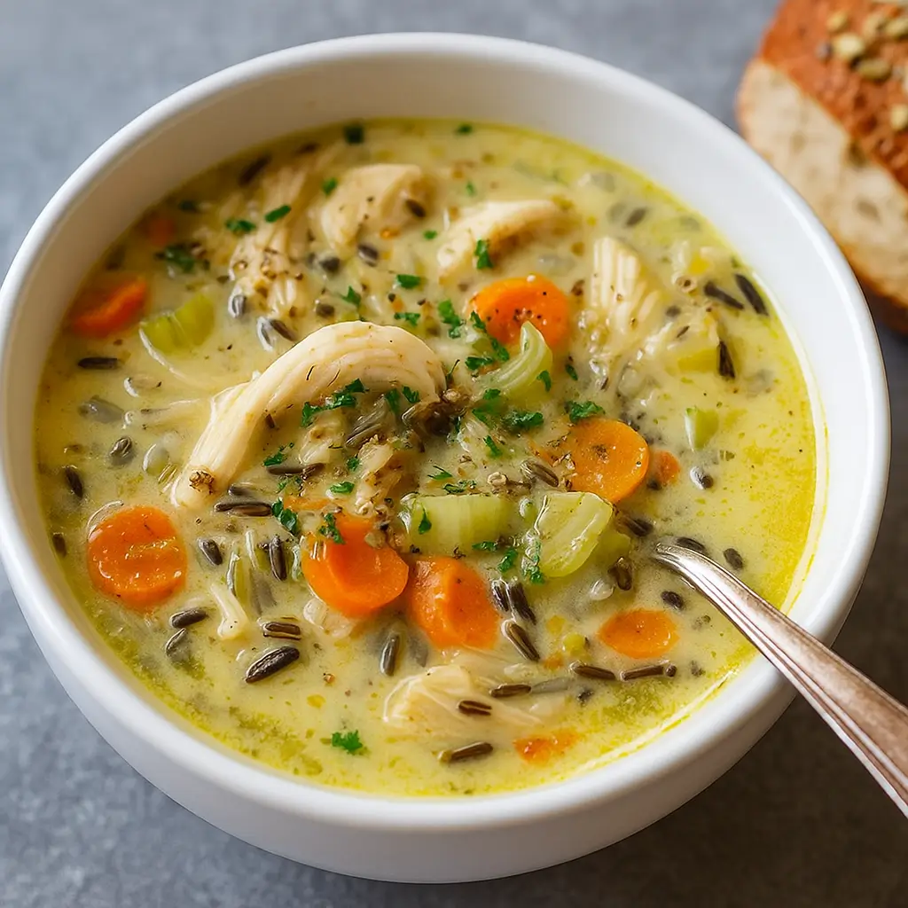 Slow Cooker Chicken And Wild Rice Soup in rustic bowl