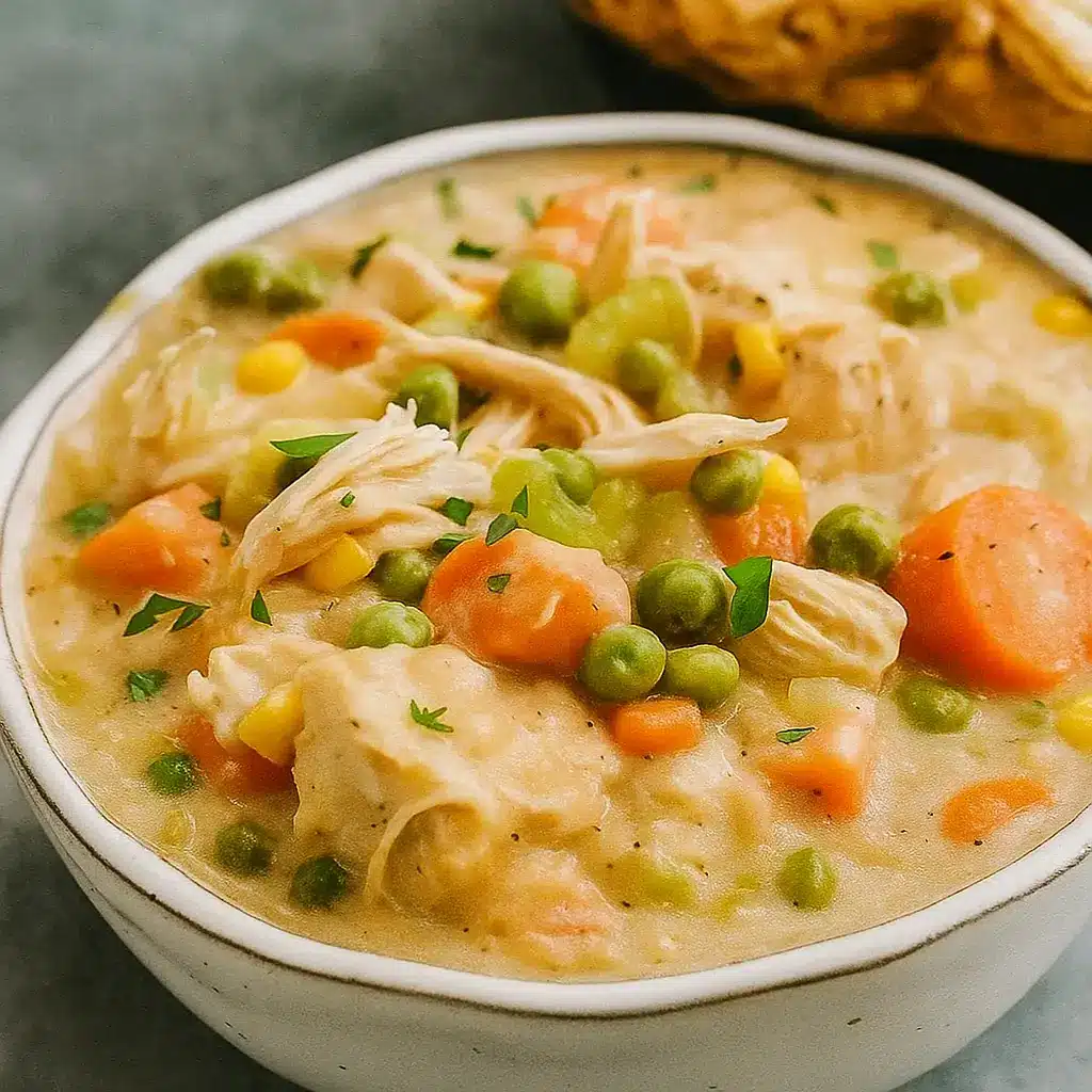 Slow Cooker Chicken Pot Pie with biscuits on table