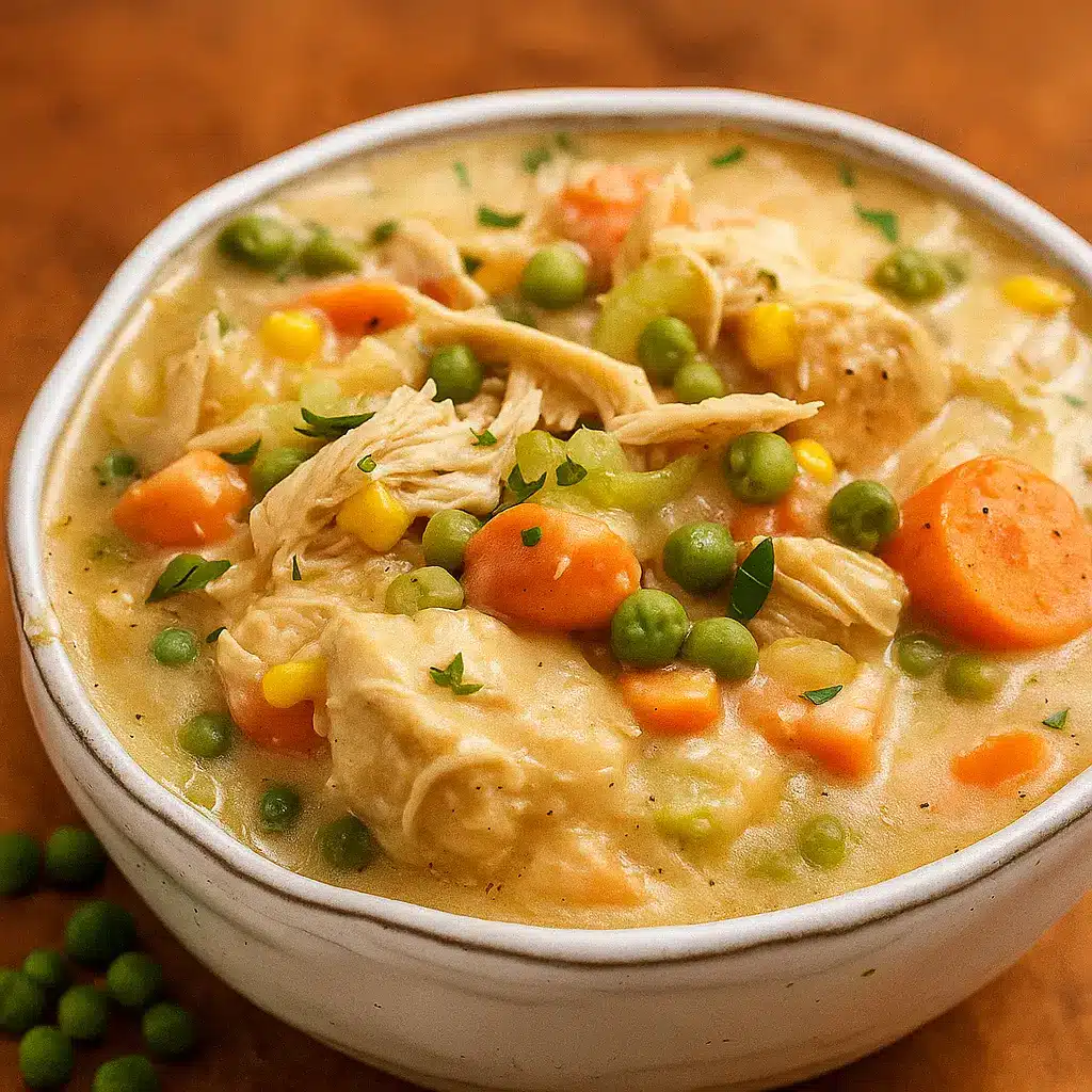 Slow Cooker Chicken Pot Pie with tender chicken, carrots, peas, and creamy sauce in a white bowl