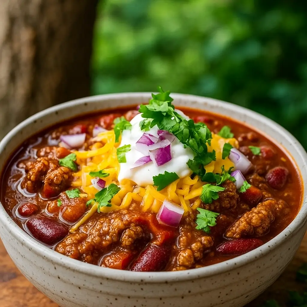 Slow Cooker Chili Recipe hearty bowl with toppings