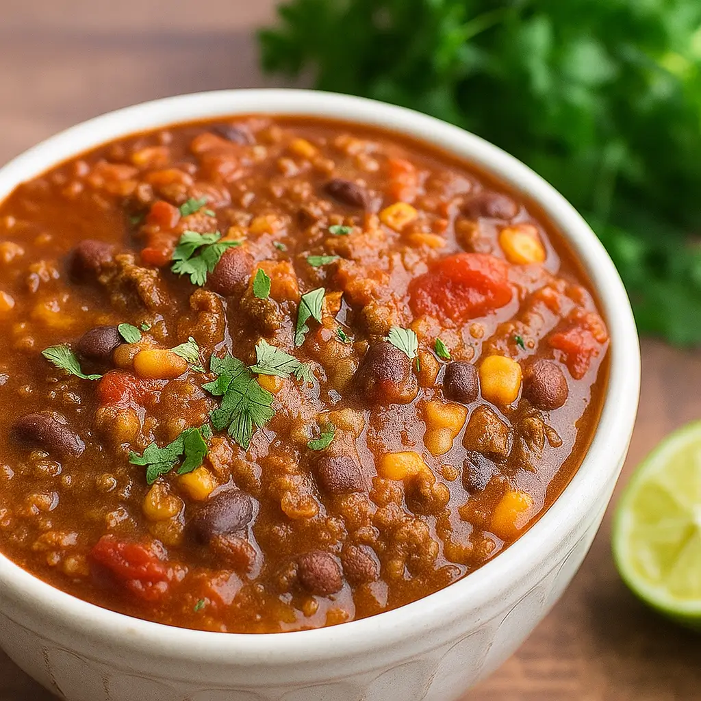 Slow-Cooker Tex-Mex Taco Soup in rustic kitchen