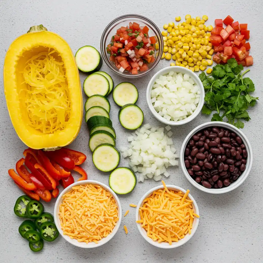 spaghetti squash burrito bowls ingredients laid out on counter