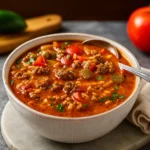Stuffed Pepper Soup served in a rustic bowl with cheese and parsley
