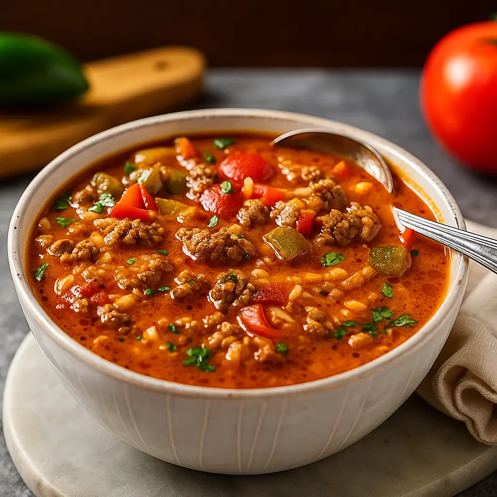 Stuffed Pepper Soup served in a rustic bowl with cheese and parsley
