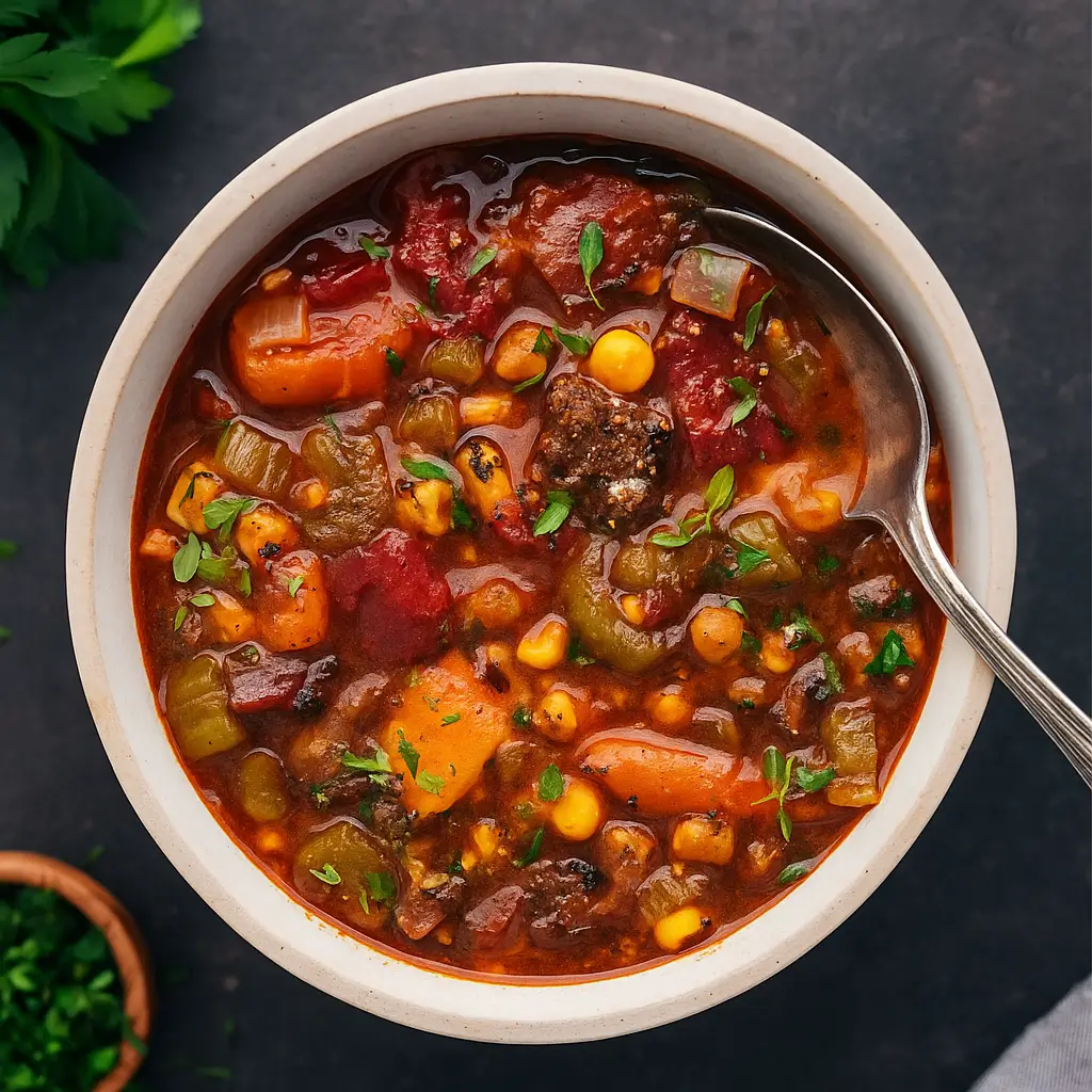 Sweet Potato Stew in a rustic bowl with beef and vegetables