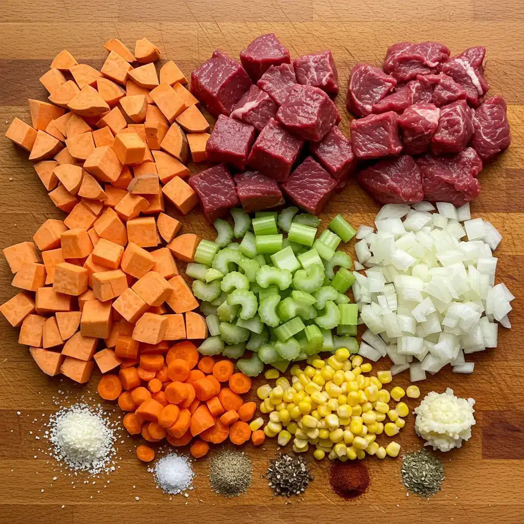 Sweet Potato Stew ingredients laid out on a wooden counter