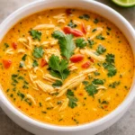 Thai Coconut Chicken Soup in a rustic bowl with lime and cilantro