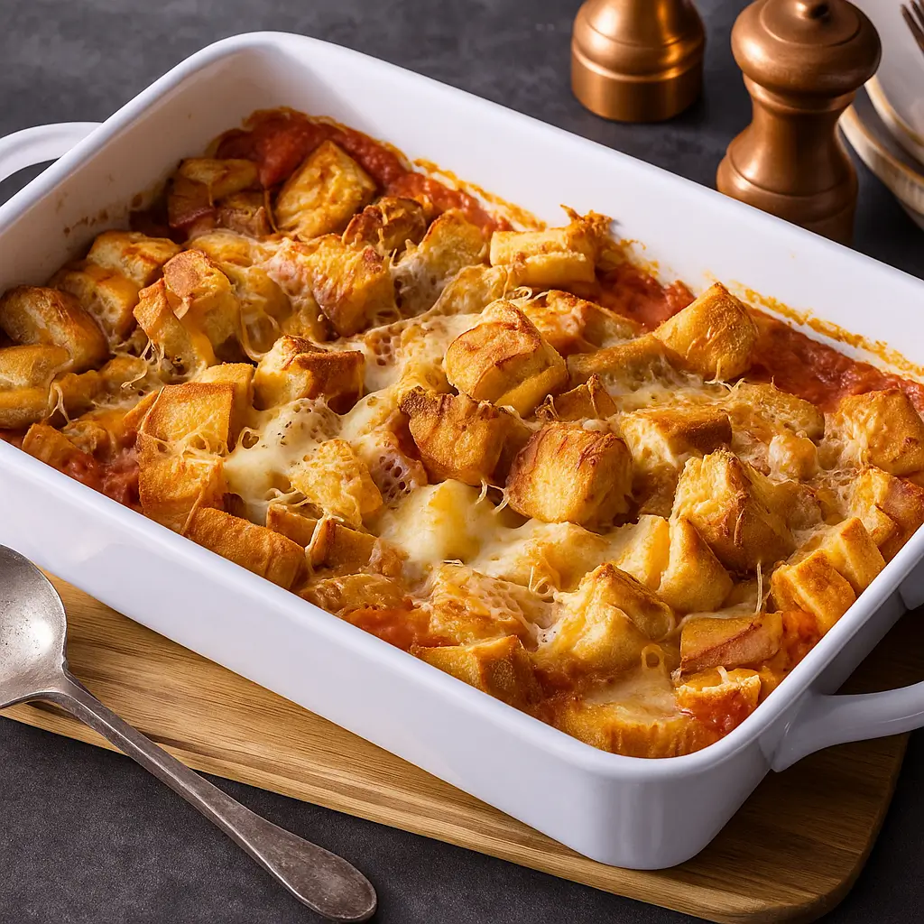 Tomato Soup and Grilled Cheese Casserole baked in a dish