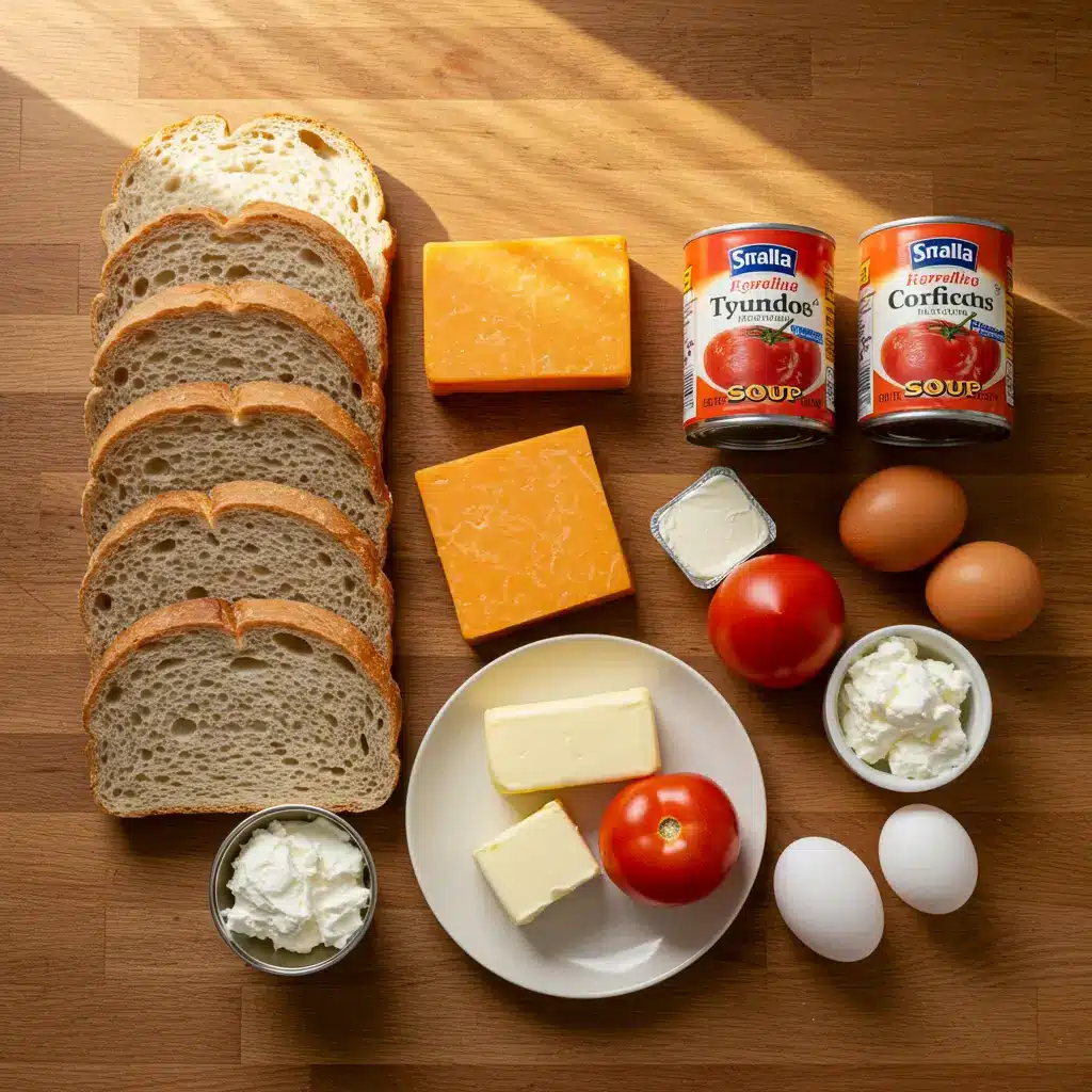 Tomato Soup and Grilled Cheese Casserole ingredients on counter