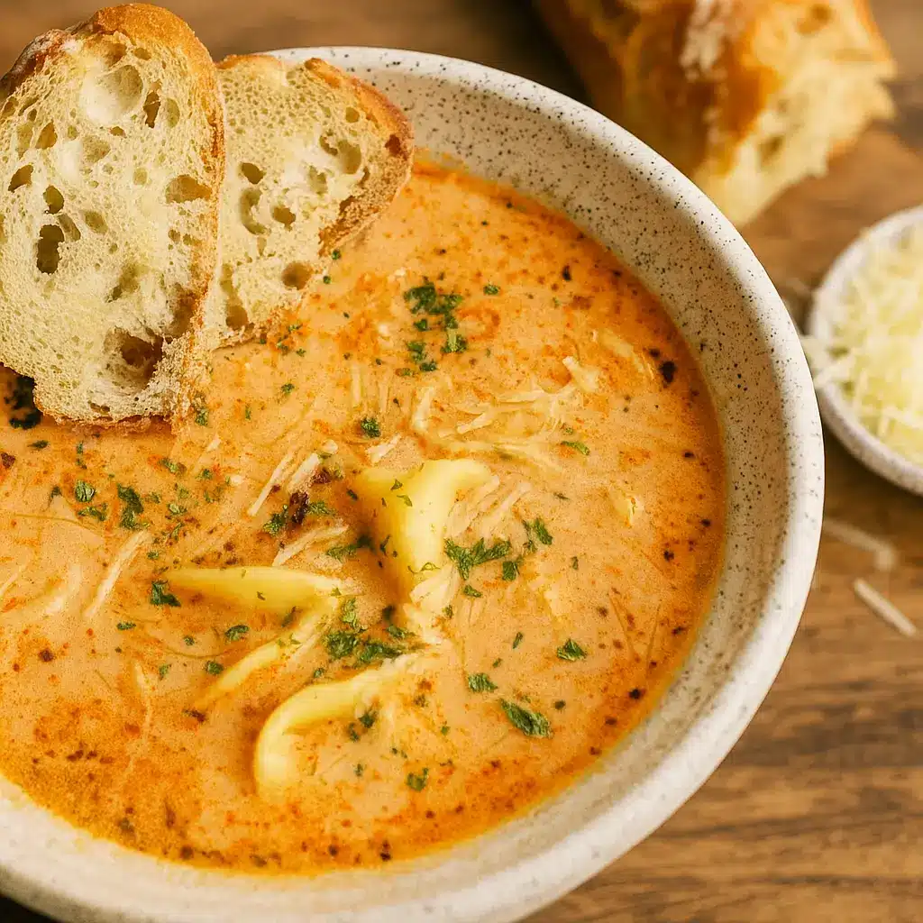 tomato tortellini soup in rustic bowl with parmesan and basil