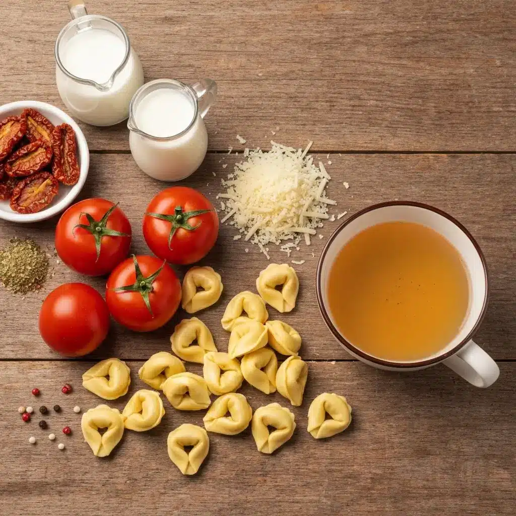 tomato tortellini soup ingredients flat lay on wooden table