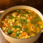 Turkey Meatball Soup served with pasta and vegetables in a rustic bowl.