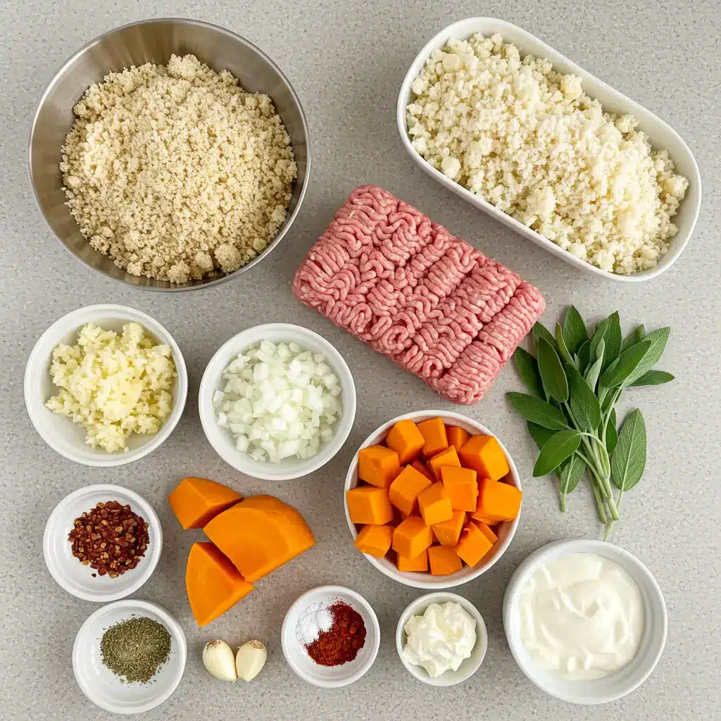 turkey meatballs pumpkin sage sauce ingredients flat lay