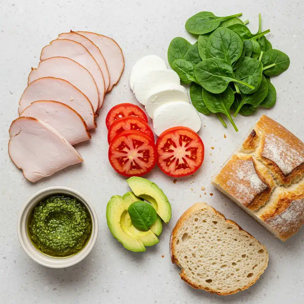 Ingredients for Turkey Pesto Sandwich laid out on a kitchen counter