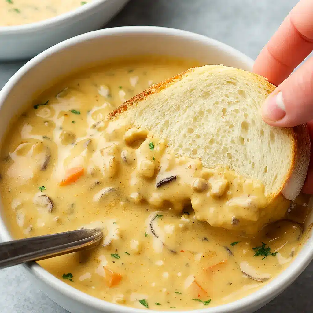 Vegan Mushroom Soup with Wild Rice in a rustic bowl