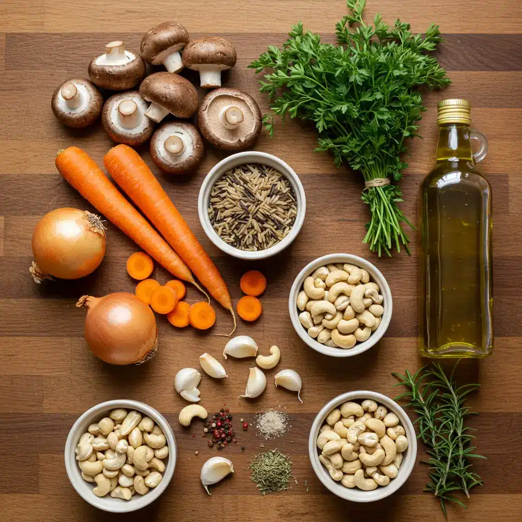 Ingredients for Vegan Mushroom Soup with Wild Rice on a counter