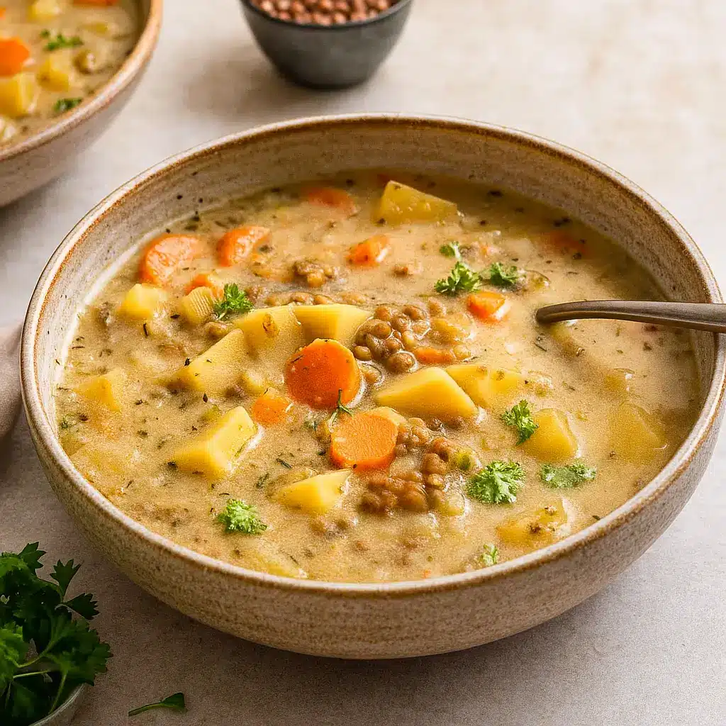 Vegetarian Lentil Soup served in a rustic bowl with bread