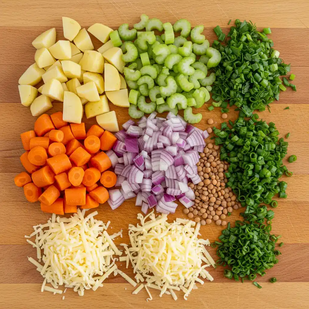 Vegetarian Lentil Soup ingredients displayed on a wooden board