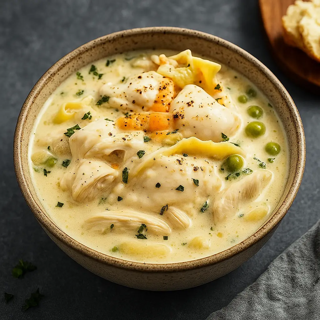 white chicken lasagna soup served in a rustic bowl with cheese and herbs