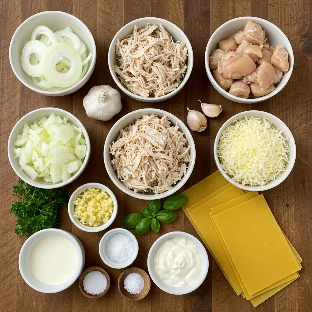 white chicken lasagna soup ingredients displayed on wooden table