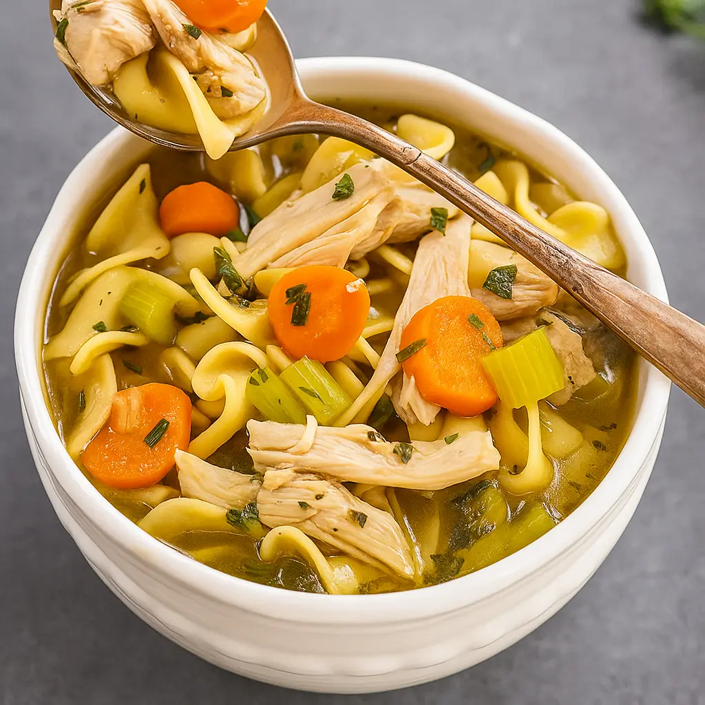 30-Minute Turkey Noodle Soup served in a cozy fall kitchen