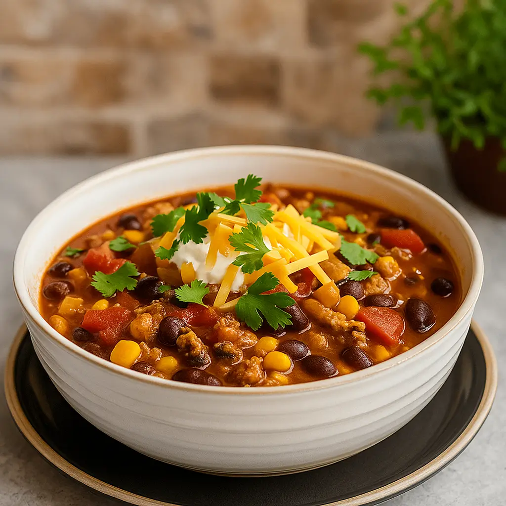 7 Can Taco Soup served in a bowl with toppings