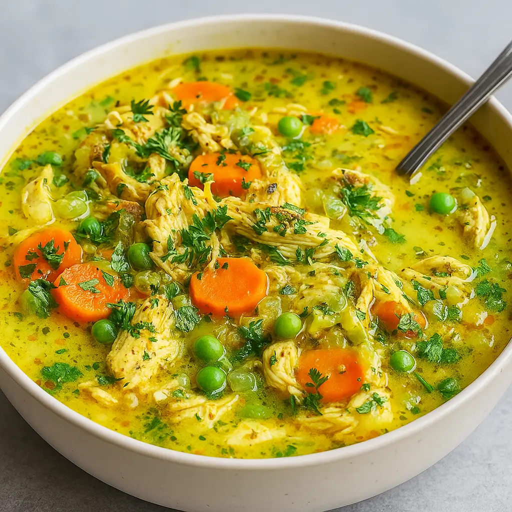 Anti Inflammatory Turmeric Chicken Soup in a bowl with herbs and lemon