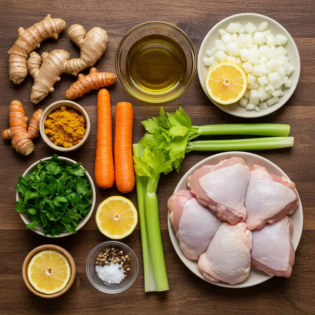 Anti Inflammatory Turmeric Chicken Soup ingredients laid out on a wooden counter