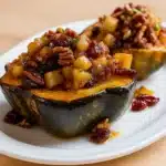 Apple-Stuffed Acorn Squash Recipe served on rustic table
