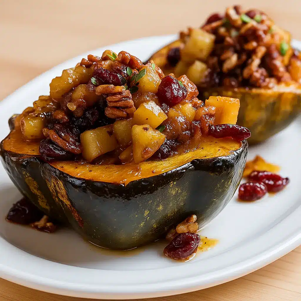 Apple-Stuffed Acorn Squash Recipe served on rustic table