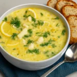 Avgolemono soup in ceramic bowl with lemon slices and bread