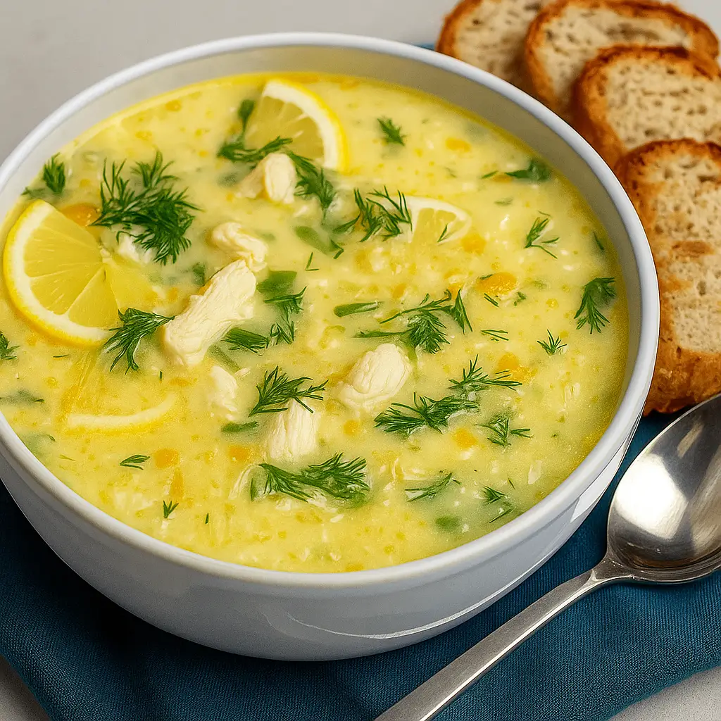 Avgolemono soup in ceramic bowl with lemon slices and bread