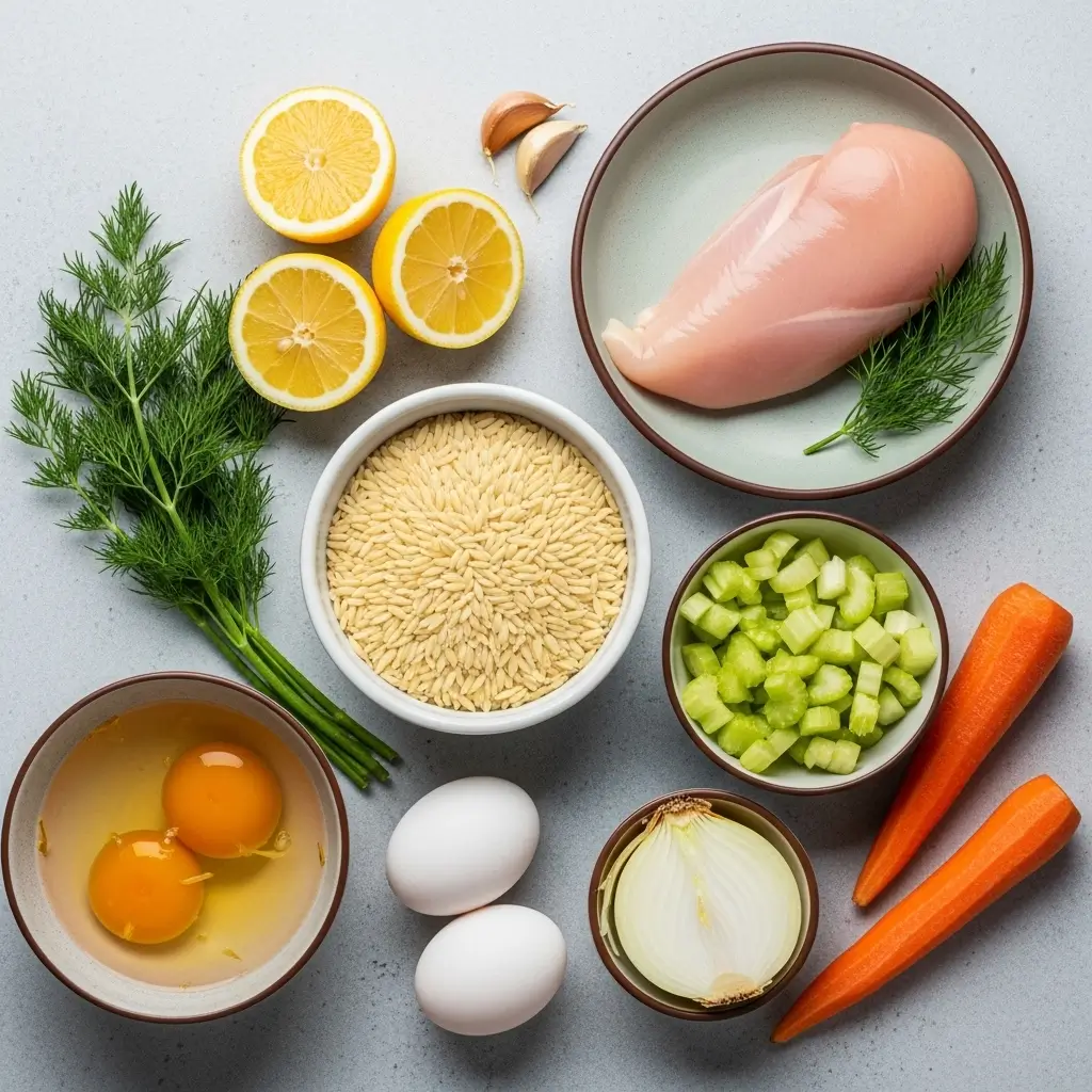 Ingredients for Avgolemono soup including chicken, lemon, orzo, and herbs