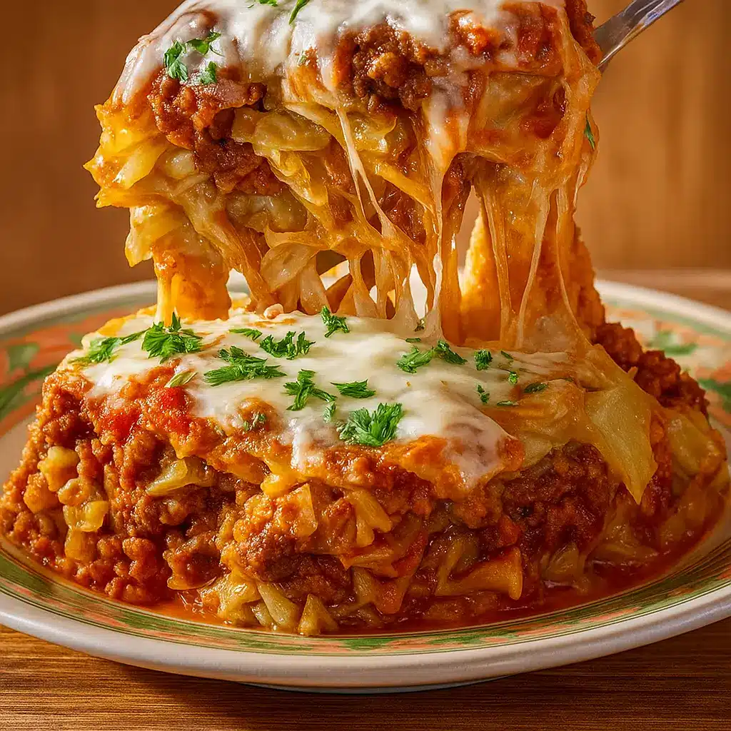 Cabbage roll casserole baked with tomato sauce and melted cheese