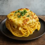 baked cream cheese spaghetti casserole hot from the oven