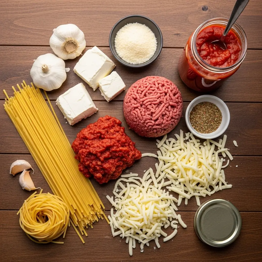 baked cream cheese spaghetti casserole ingredients on wooden table