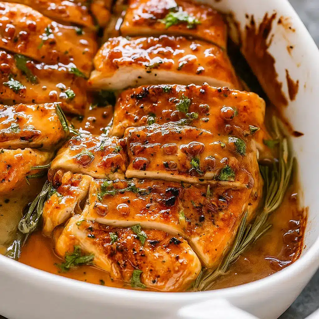 baked honey mustard chicken in white baking dish