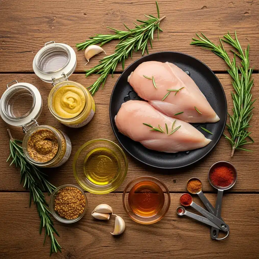 ingredients for baked honey mustard chicken on wooden table