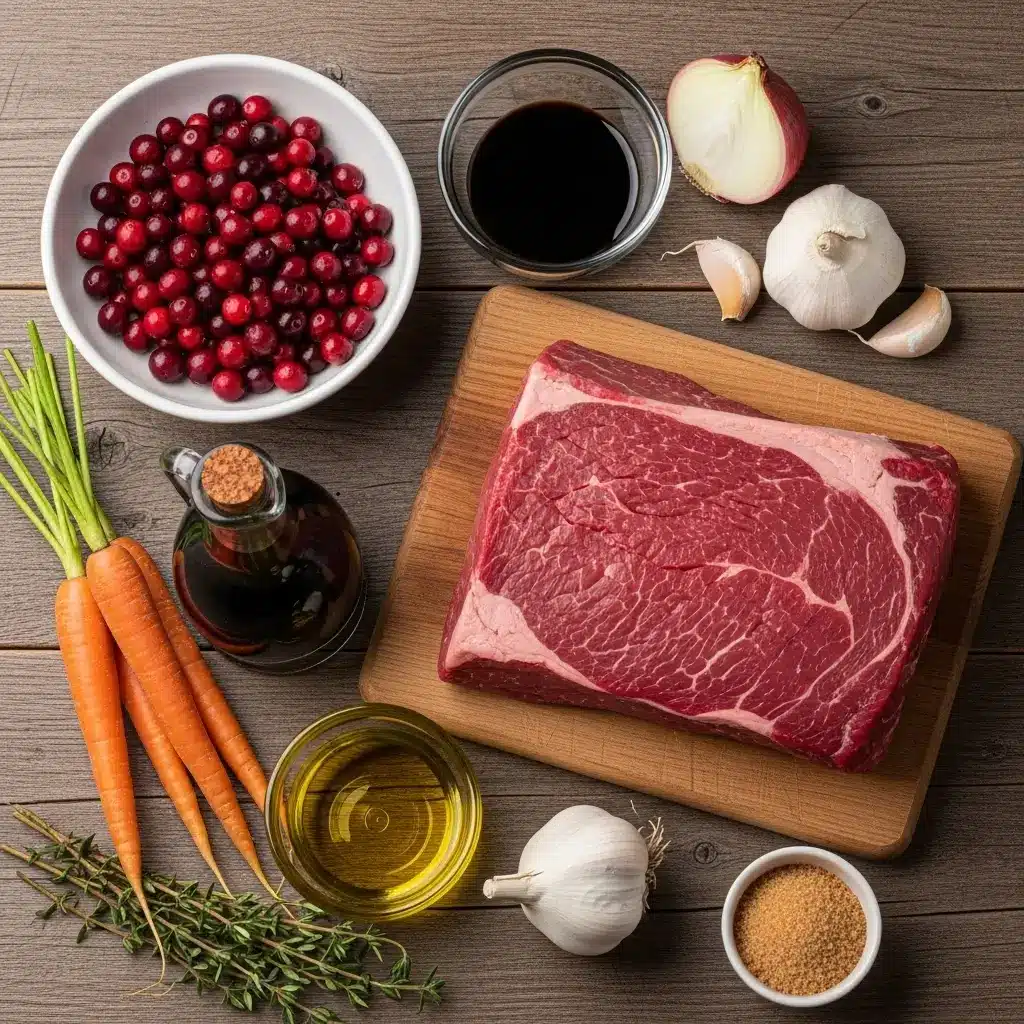ingredients for slow braised beef roast with cranberry glaze