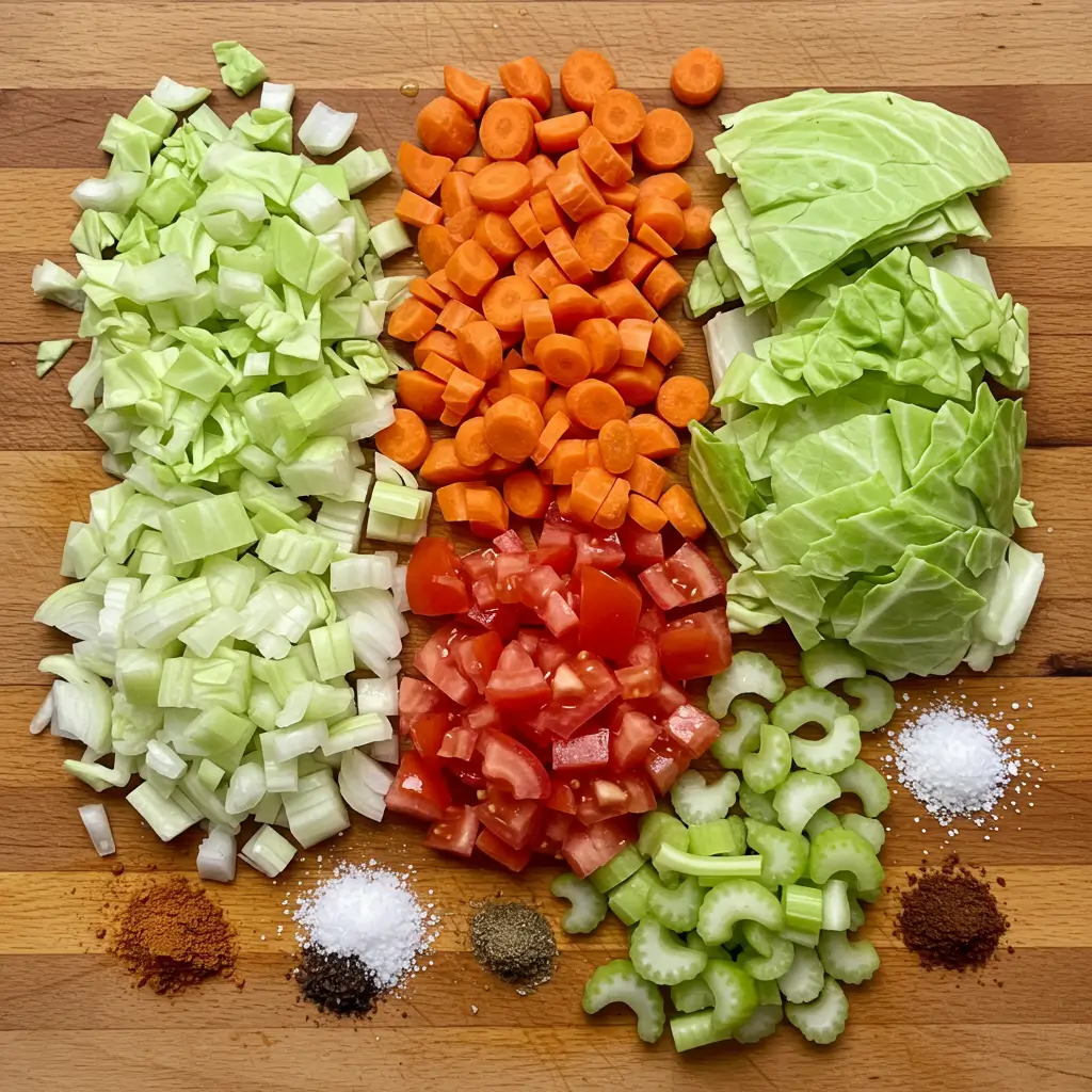 Best Cabbage Soup ingredients on wooden board
