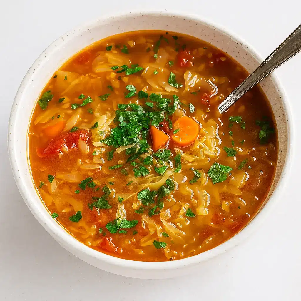 Best Cabbage Soup in rustic bowl with parsley garnish