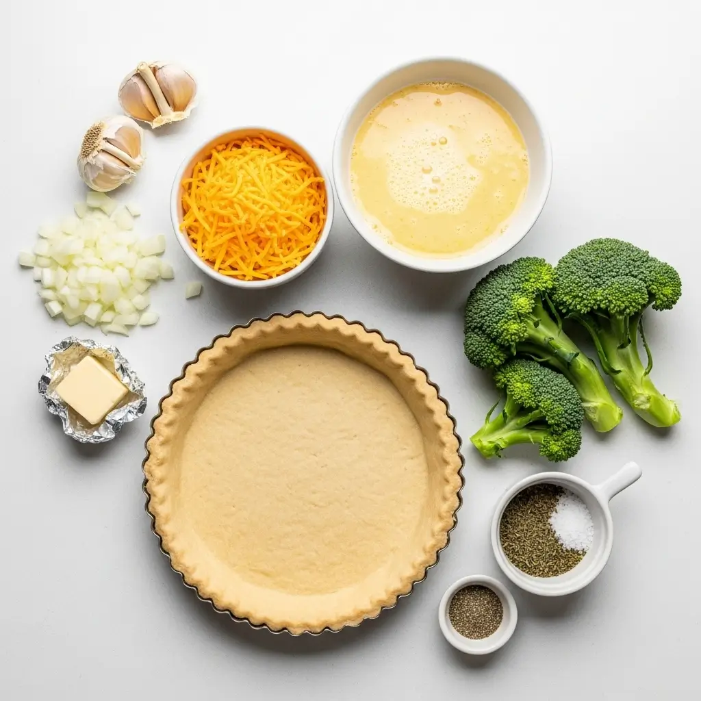Ingredients for Easy Broccoli Cheddar Quiche Recipe laid out on counter